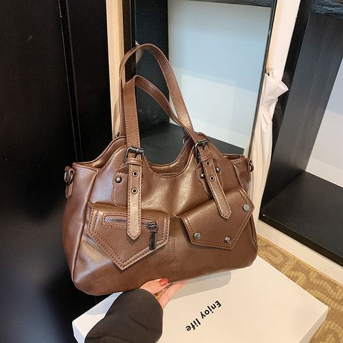 Retro European and American large capacity tote bag 2025 new handbag messenger bag splicing women's bag simple soft leather underarm bag