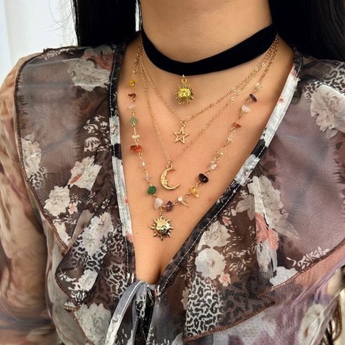 Sweet and cool vacation style irregular pebble moon pendant layered necklace