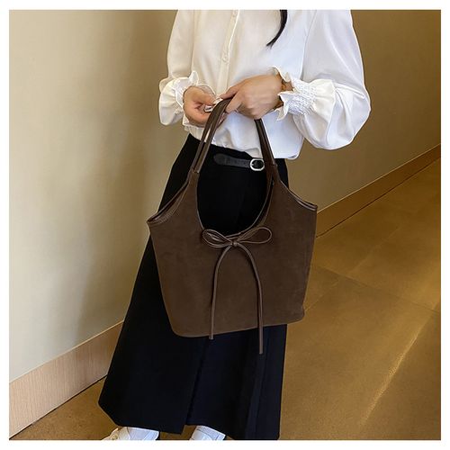 Brown underarm bag with a bow girly heart women's bag 2025 season Korean fashion frosted large capacity tote bag niche retro single