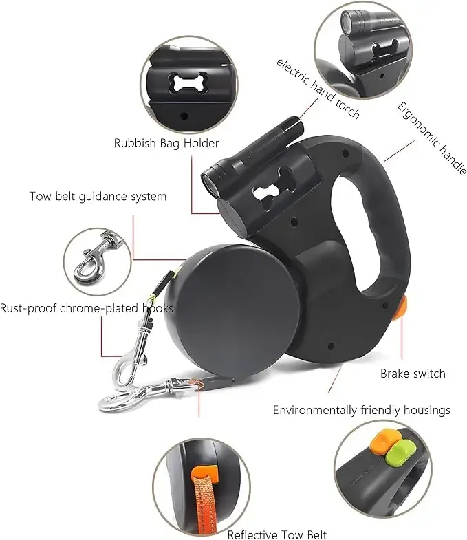 Dual Doggie Retractable Leash with Light (LED), 360 Coupler, Retractable Leash for Two Dogs