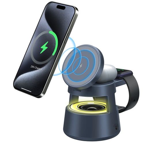 Magnetic 5-in-1 Wireless Charger, suitable for mobile phones, earphones, watches, Bluetooth speakers, and night lights.