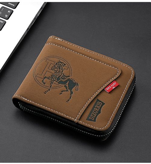 New men's chain wallet, vintage style horizontal zipper wallet, short card holder.