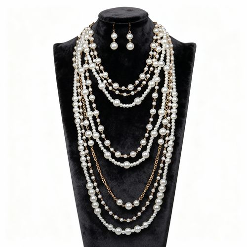 Western-Style Exaggerated Multi-Layer Pearl Necklace & Earrings Set — Long, Elegant, Beaded Jewelry for Women