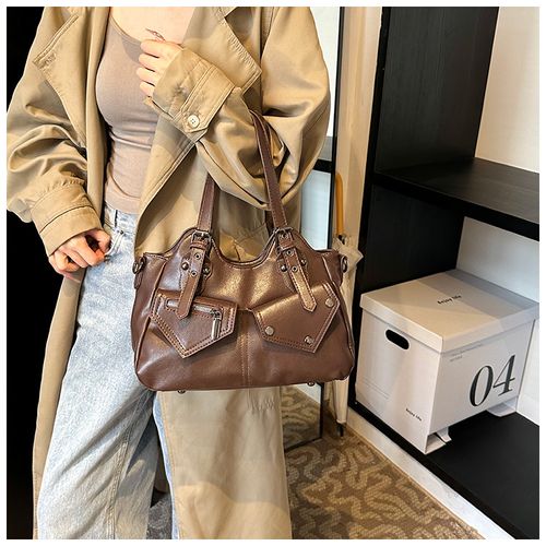 Retro European and American large capacity tote bag 2025 new handbag messenger bag splicing women's bag simple soft leather underarm bag