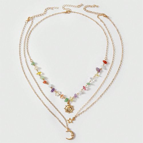 Sweet and cool vacation style irregular pebble moon pendant layered necklace