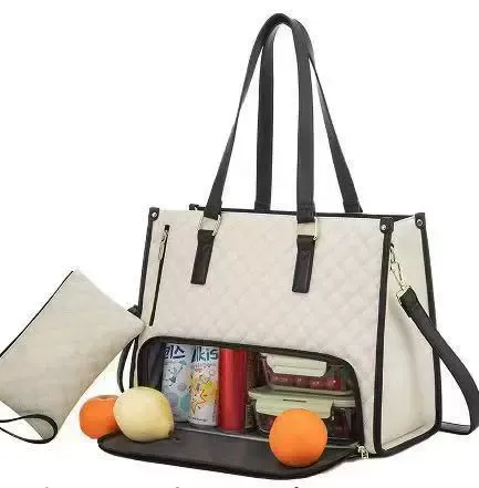2 in 1 multifunctional large capacity handbag for women Large capacity insulated lunch box bag + computer briefcase Fashionable crossbody commuter bag Portable lunch bag for office workers