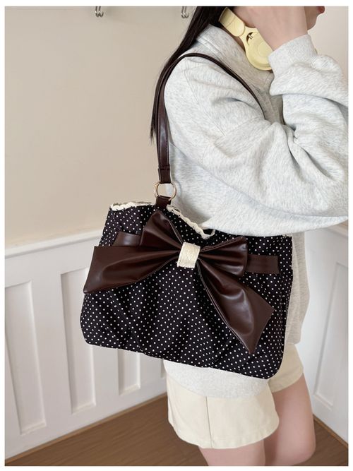 Polka-Dot, High-Capacity Women's Shoulder Bag — Versatile Commuter Style with Bow and Lace Accents