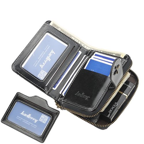 Miniature and stylish, this short wallet for men and women features a retro design, a zippered coin purse, and multiple compartments for cards and a driver's license.