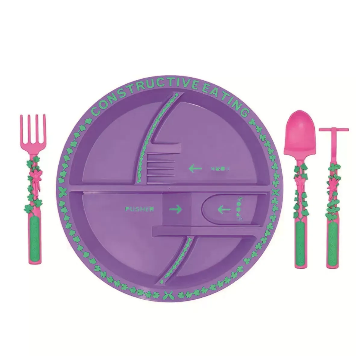 The pusher and ramp are so fun, there's separate compartments so foods don't touch, and they help with fine motor skills!! There are also different versions like construction or fairy gardens!
