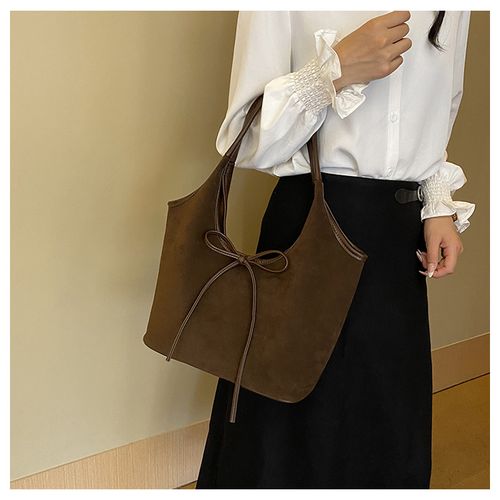 Brown underarm bag with a bow girly heart women's bag 2025 season Korean fashion frosted large capacity tote bag niche retro single