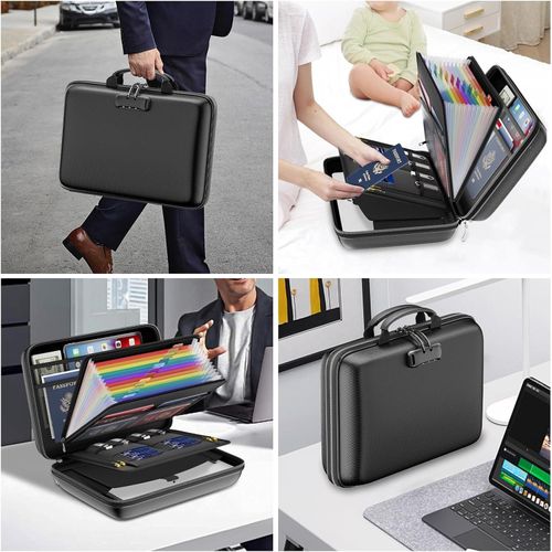 Fire-resistant file storage box with lock, hard-shell fire-resistant file box with 13 pockets.