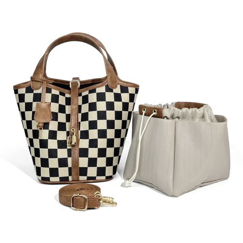 Women's Vintage Checkered Market Basket Bucket Bag — Crossbody & Shoulder Bag with Adjustable Strap