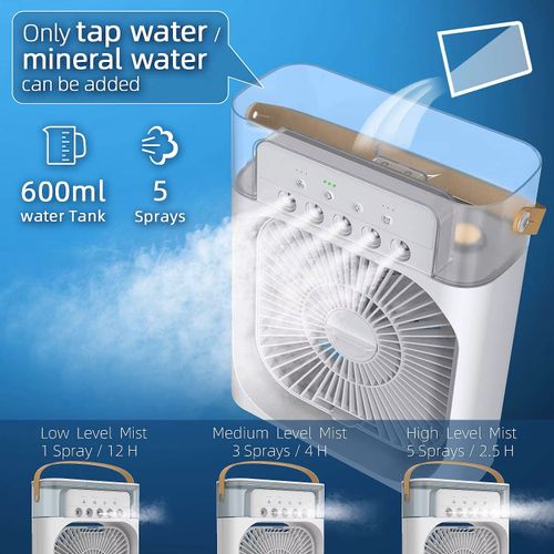 Ultra-Quiet 5-Blade USB Desk Fan with Mist Spray & Humidifier - 3-in-1 Cooling Fan for Office, Study Room, 7-Speed Adjustable, 12H Battery Life, Portable Personal Fan (LED Display)
