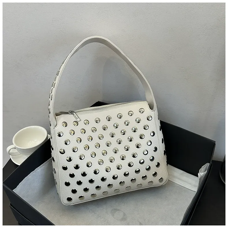 2025 new fashion personality stylish hand-held rivet bag ladies small square bag textured commuting shoulder underarm bagNo pendant