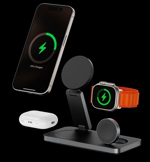 New multi-functional 3-in-1 wireless charging phone stand with 25W magnetic fast charging for desktops.
