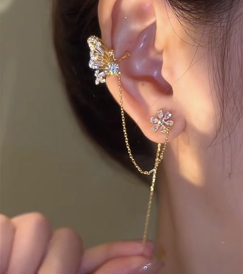 Luxury Sparkling Zircon Flower Butterfly Ear Cuff Set Dainty Ear Bone Clip & Thread Earrings 2-in-1  Shiny Rhinestone Jewelry for Women