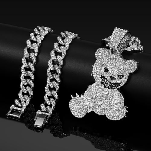 50cm Personalized Hip-Hop Style Fully Iced-Out Violent Bear Alloy Pendant Necklace with Cuban Chain