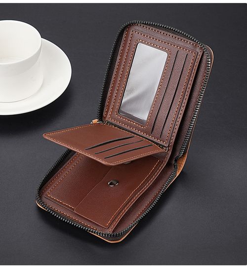 New men's chain wallet, vintage style horizontal zipper wallet, short card holder.