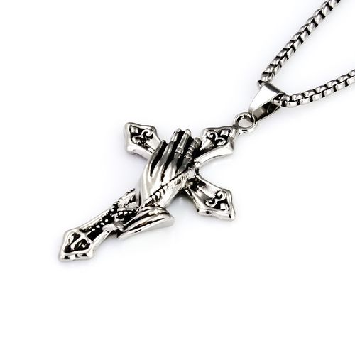 Retro-style prayer hands stainless steel cross necklace