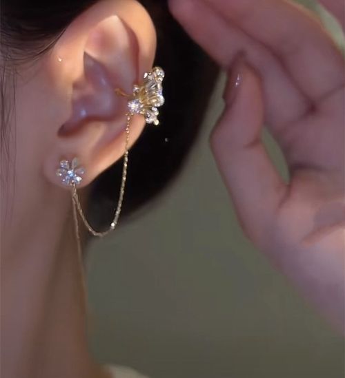 Luxury Sparkling Zircon Flower Butterfly Ear Cuff Set Dainty Ear Bone Clip & Thread Earrings 2-in-1  Shiny Rhinestone Jewelry for Women