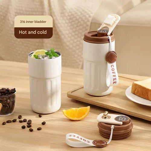 Smart temperature display insulated coffee cup | 316 stainless steel stylish thermos | Portable car travel cup | Perfect gift for coffee lovers, foggy white coffee color