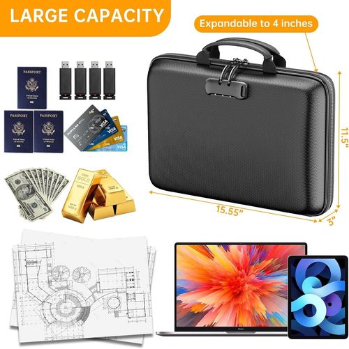 Fire-resistant file storage box with lock, hard-shell fire-resistant file box with 13 pockets.