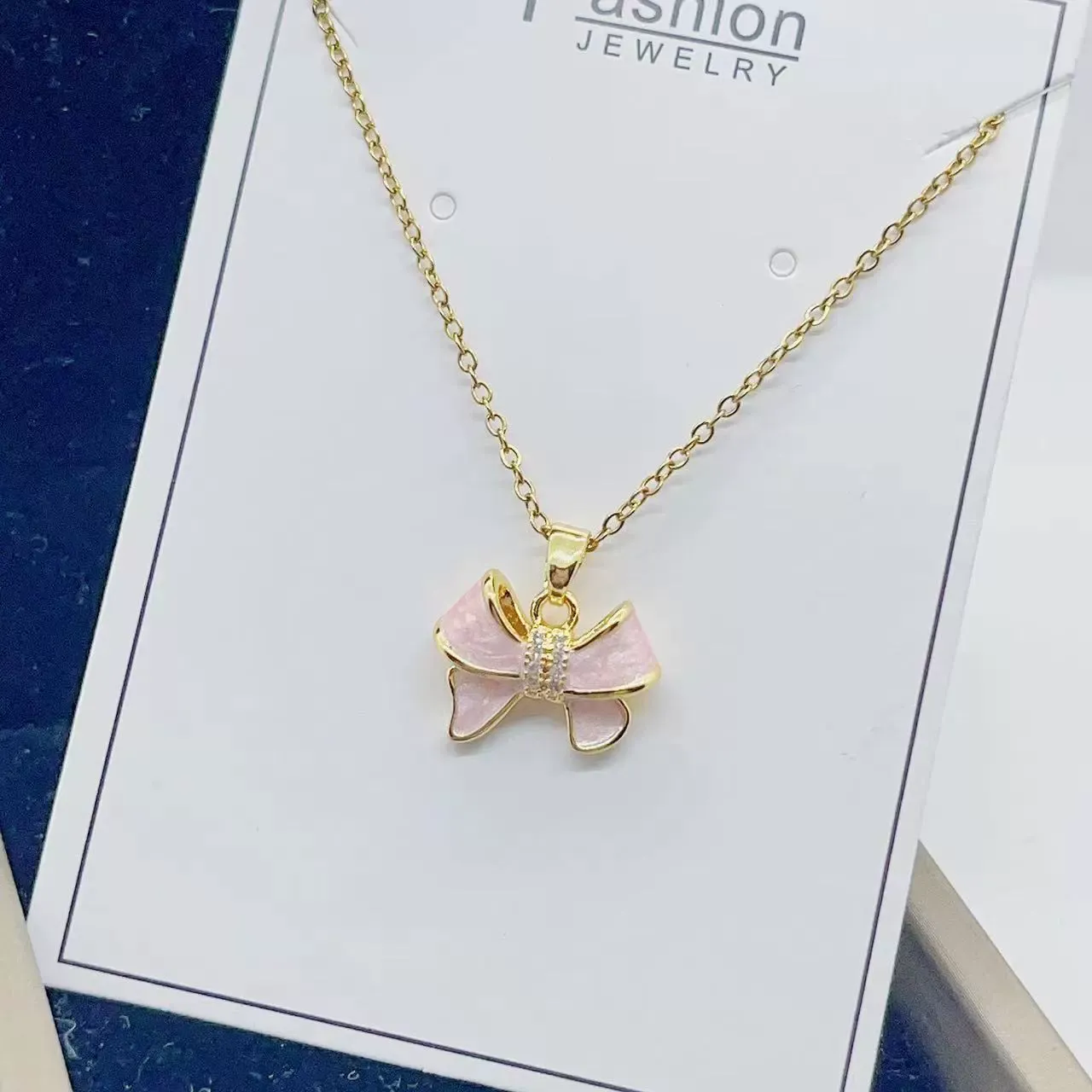 Pink bow pendant titanium steel clavicle chain versatile sweet bow necklace jewelry