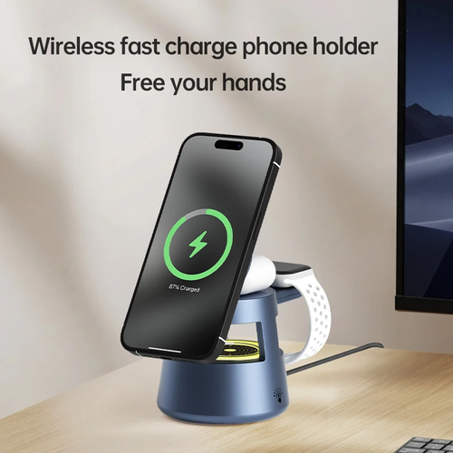 Magnetic 5-in-1 Wireless Charger, suitable for mobile phones, earphones, watches, Bluetooth speakers, and night lights.