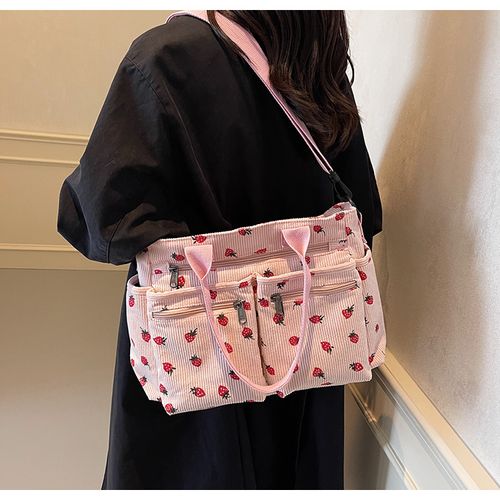 Women's corduroy tote bag, multi-compartment, large capacity, simple strawberry design, shoulder bag crossbody bag, suitable for commuting.