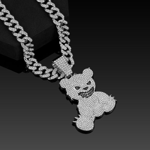 50cm Personalized Hip-Hop Style Fully Iced-Out Violent Bear Alloy Pendant Necklace with Cuban Chain