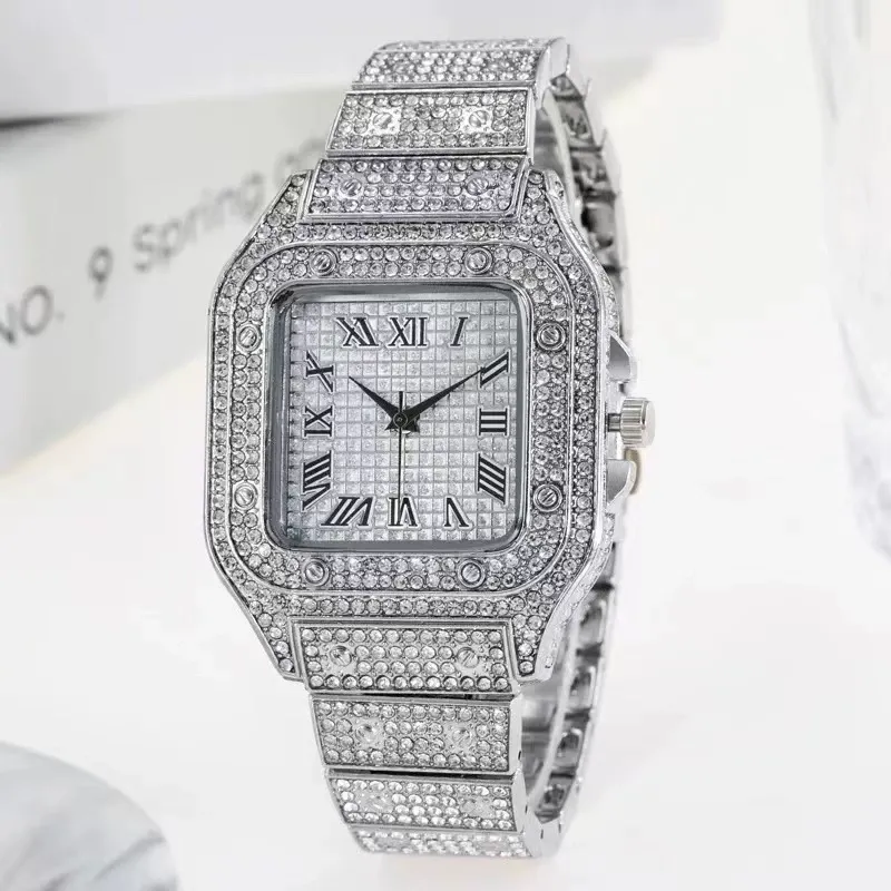 Square watch with starry steel band and diamond markers, a stylish quartz watch.