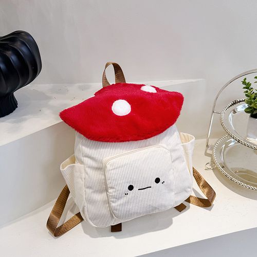 Mushroom-shaped plush double-shoulder backpack, cute cartoon style, casual and versatile bag.