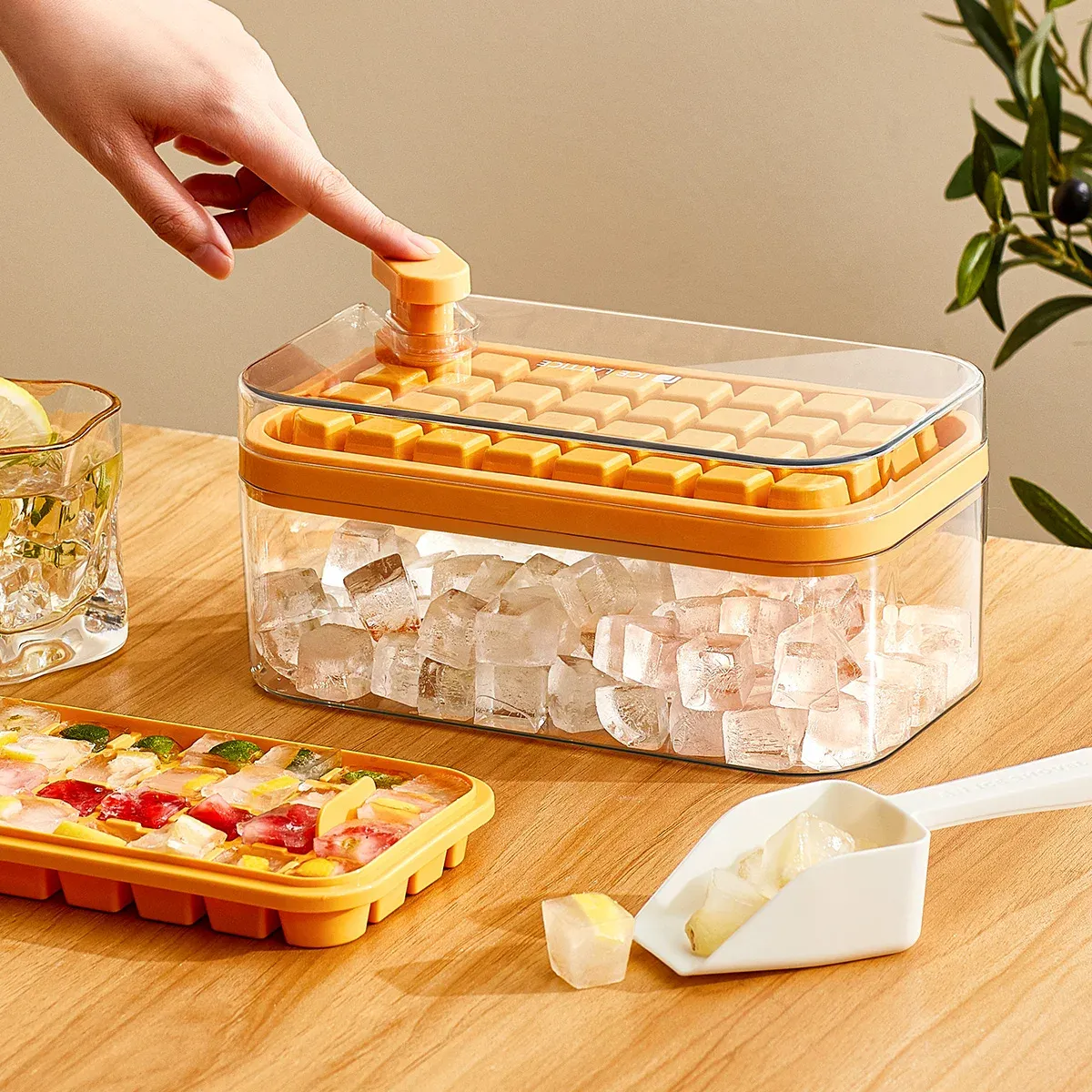 One-button demoulding ice tray ice storage box single double layer press ice box single square ice cube mold home storage box