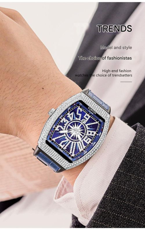 Men's watch, tonneau case, minimalist design, leather strap, yacht-inspired, diamond-encrusted, vintage quartz watch.