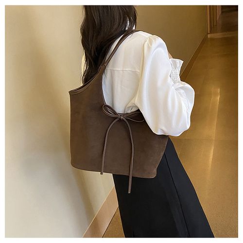 Brown underarm bag with a bow girly heart women's bag 2025 season Korean fashion frosted large capacity tote bag niche retro single