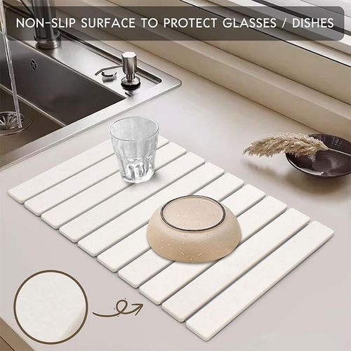 Foldable Diatomite Dish Drying Mat | Super Absorbent Quick-Dry & Anti-Slip | Multi-Use Kitchen Bathroom Countertop Pad | Portable Storage