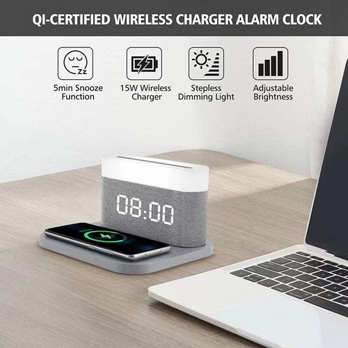 Three-in-one magnetic 15W fast charging wireless charger with touch-sensitive stepless dimming night light, LED time display, and alarm clock function.