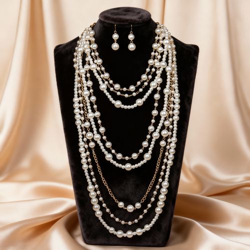 Western-Style Exaggerated Multi-Layer Pearl Necklace & Earrings Set — Long, Elegant, Beaded Jewelry for Women