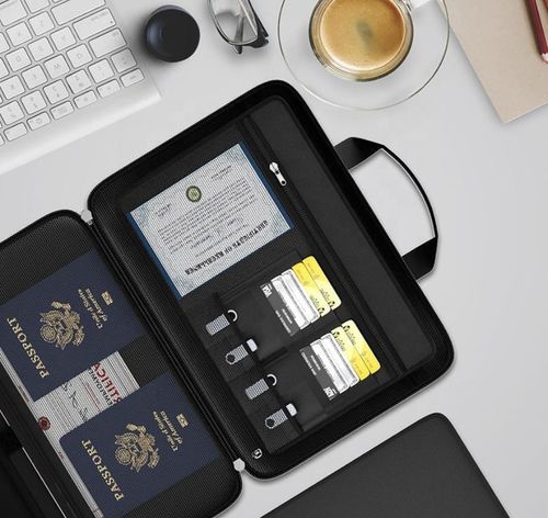 Fire-resistant file storage box with lock, hard-shell fire-resistant file box with 13 pockets.