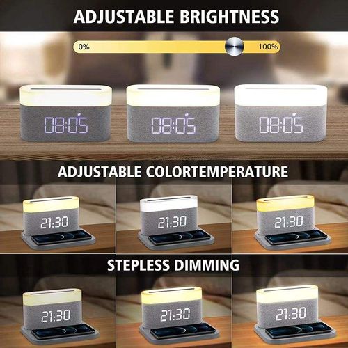 Three-in-one magnetic 15W fast charging wireless charger with touch-sensitive stepless dimming night light, LED time display, and alarm clock function.