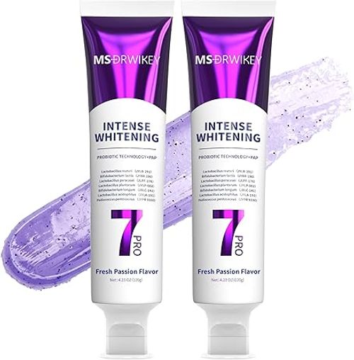 MSDRWIKEY 2-Pack 7-Pro Whitening Toothpaste | Deep Whitening & 7 Probiotics for Oral Health | Purple Beads for Extra Freshness | Fluoride-Free