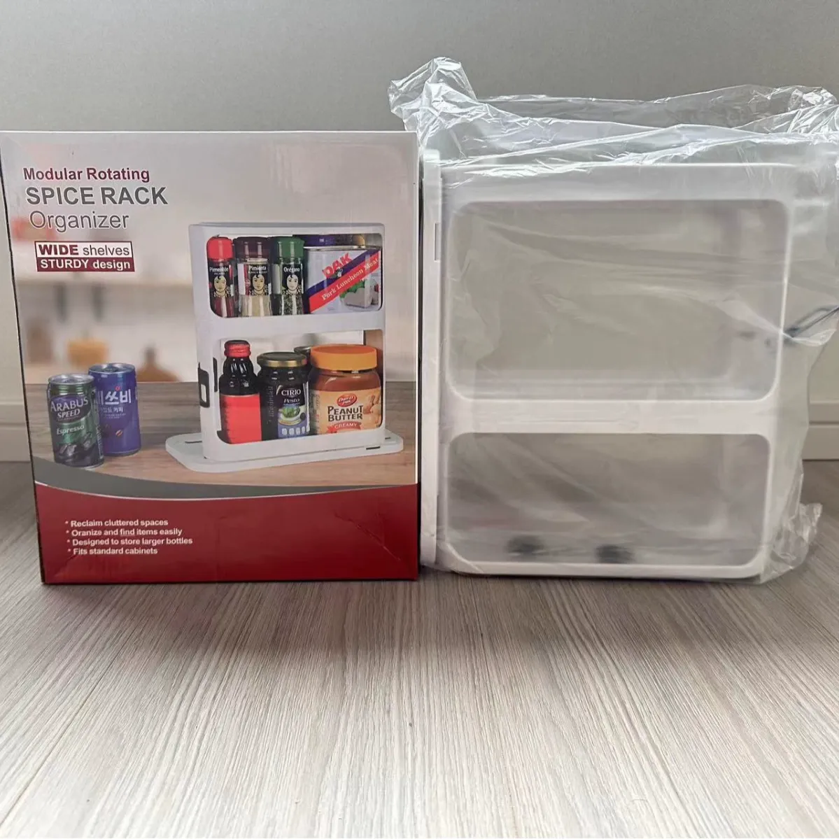 Kitchen storage rotating rack, multi-layer storage shelf, organizer for cabinets, food, and ingredients.