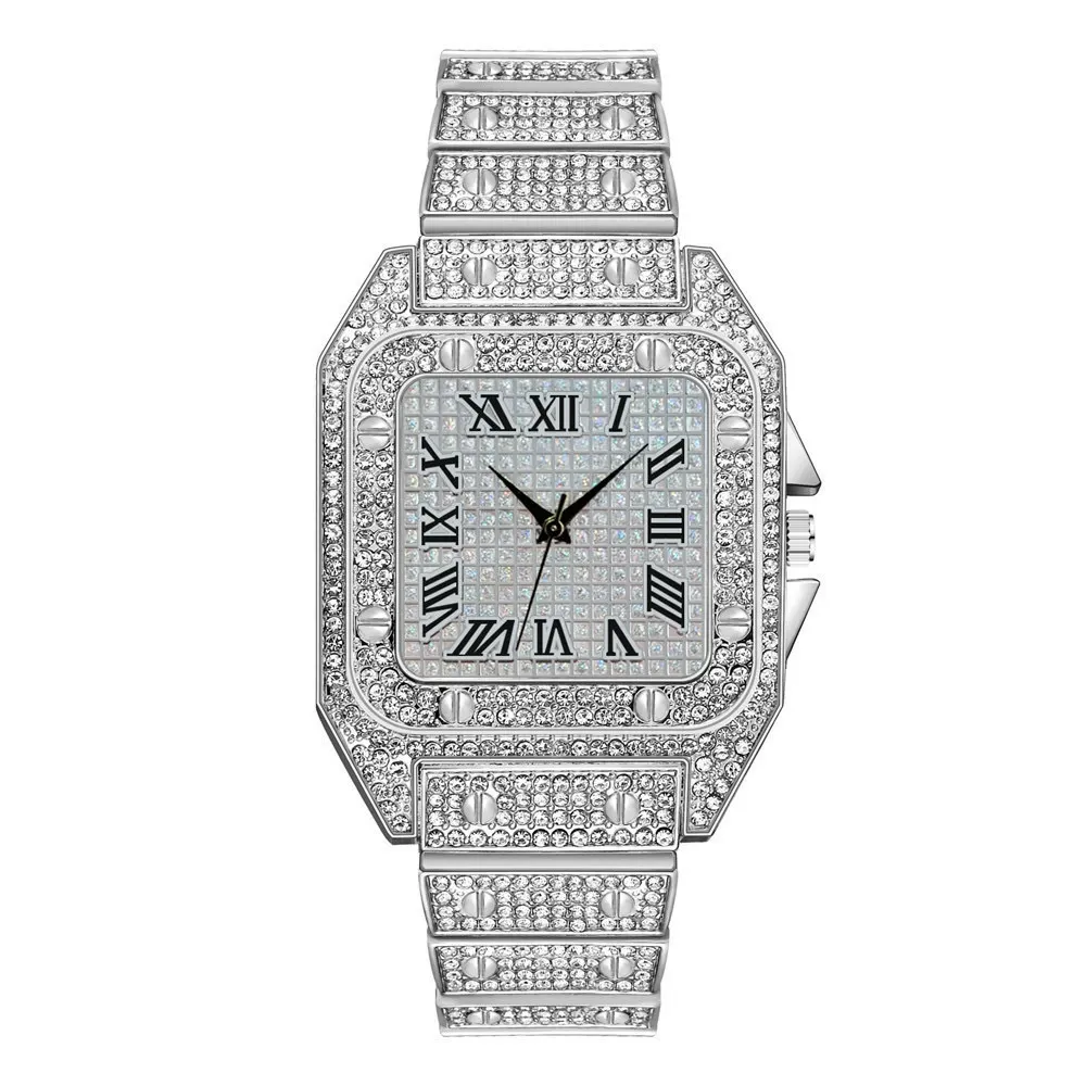 Square watch with starry steel band and diamond markers, a stylish quartz watch.