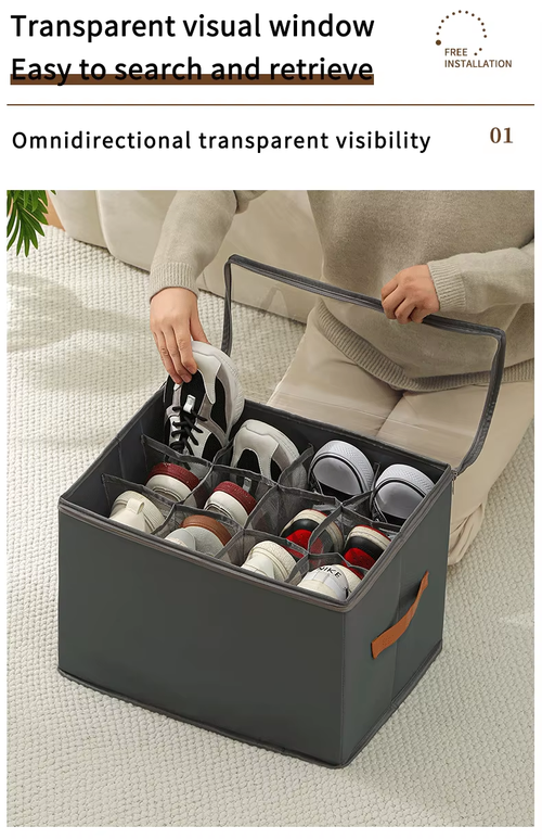 Foldable Space-saving Storage Container Closet Fabric Shoe Storage Bins Shoe Organizer Box with Clear Cover