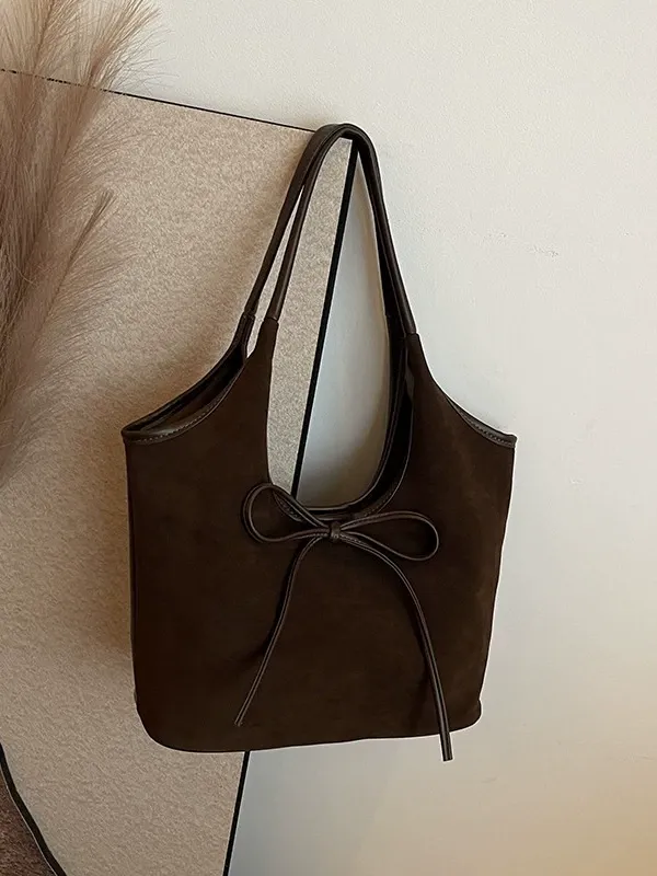 Brown underarm bag with a bow girly heart women's bag 2025 season Korean fashion frosted large capacity tote bag niche retro single