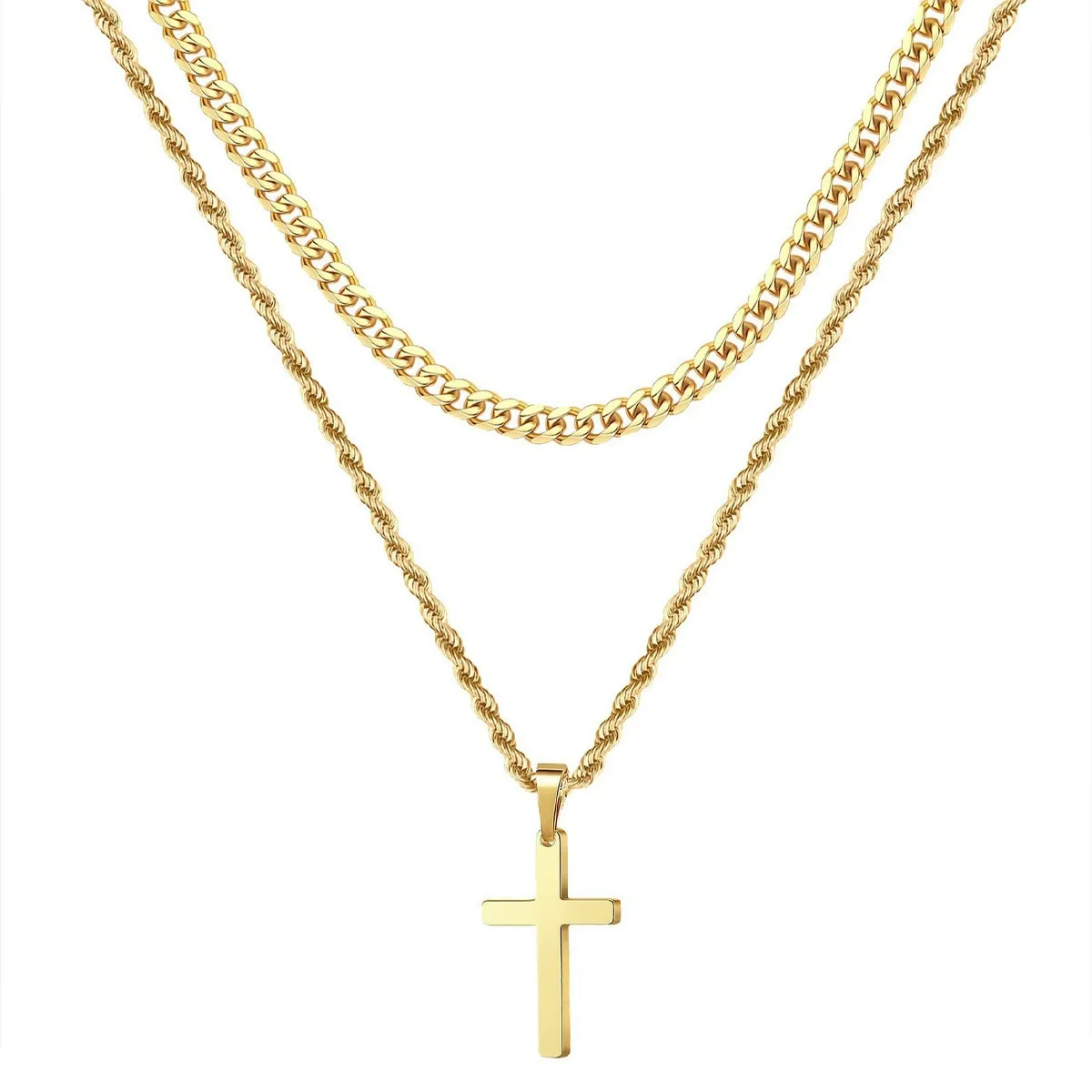 High-end cross pendant necklace with a hip-hop design, unisex, layerable style, neutral aesthetic.