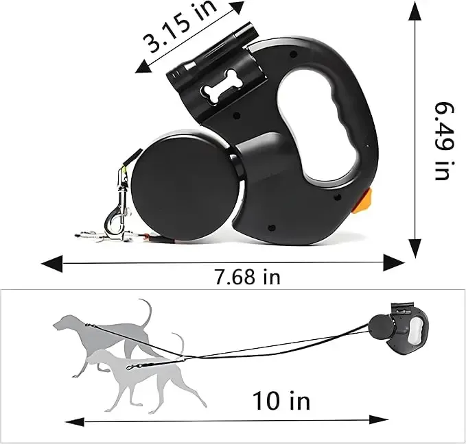 Dual Doggie Retractable Leash with Light (LED), 360 Coupler, Retractable Leash for Two Dogs