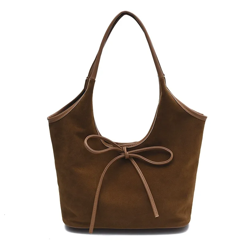 Brown underarm bag with a bow girly heart women's bag 2025 season Korean fashion frosted large capacity tote bag niche retro single