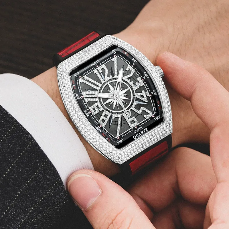 Men's watch, tonneau case, minimalist design, leather strap, yacht-inspired, diamond-encrusted, vintage quartz watch.