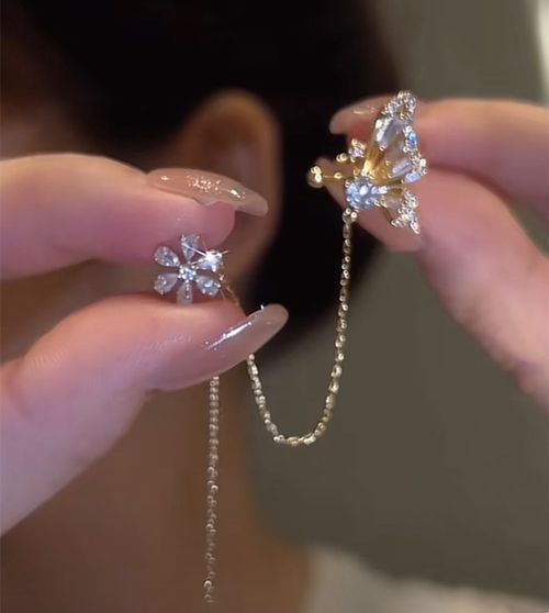 Luxury Sparkling Zircon Flower Butterfly Ear Cuff Set Dainty Ear Bone Clip & Thread Earrings 2-in-1  Shiny Rhinestone Jewelry for Women